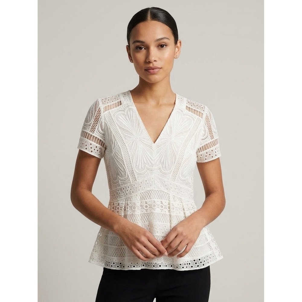 Maje Paris White Guipure Lace V-Neck Peplum Top Size 1 (Small)
